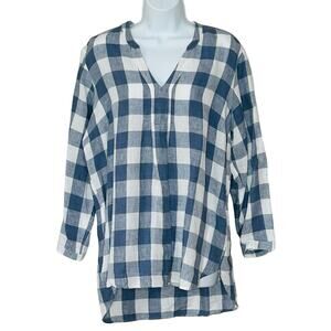 LL Bean Linen Top Size LP Blue White Buffalo Check Longline Tunic